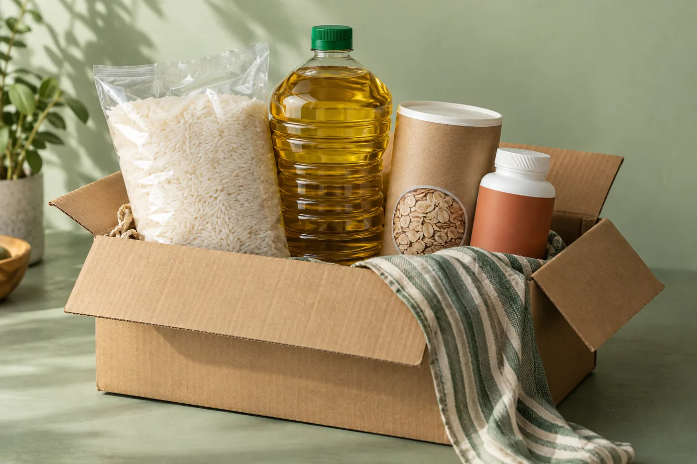 Illustrative arrangement of rice, cooking oil and pantry essentials in an open packing box