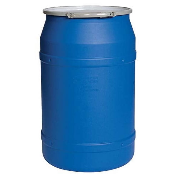 Blue plastic shipping barrel with removable lid — large barrel example