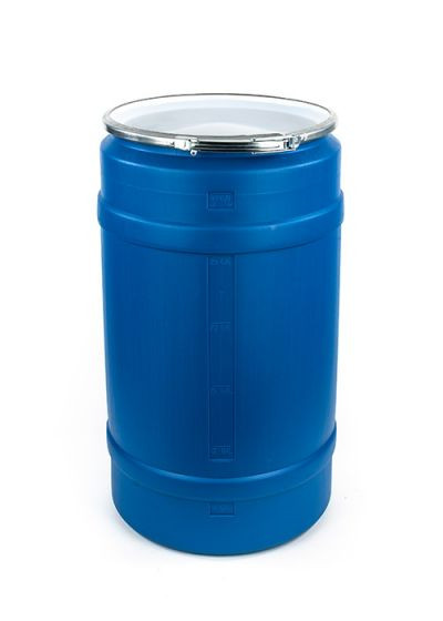 Blue plastic shipping barrel with removable lid — medium barrel example